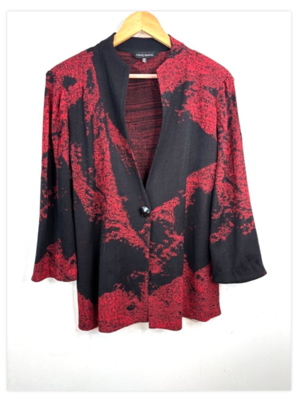 Ming Wang Red Black Knit Cardigan Jacket Blazer Size 0X Plus Lagenlook Artsy